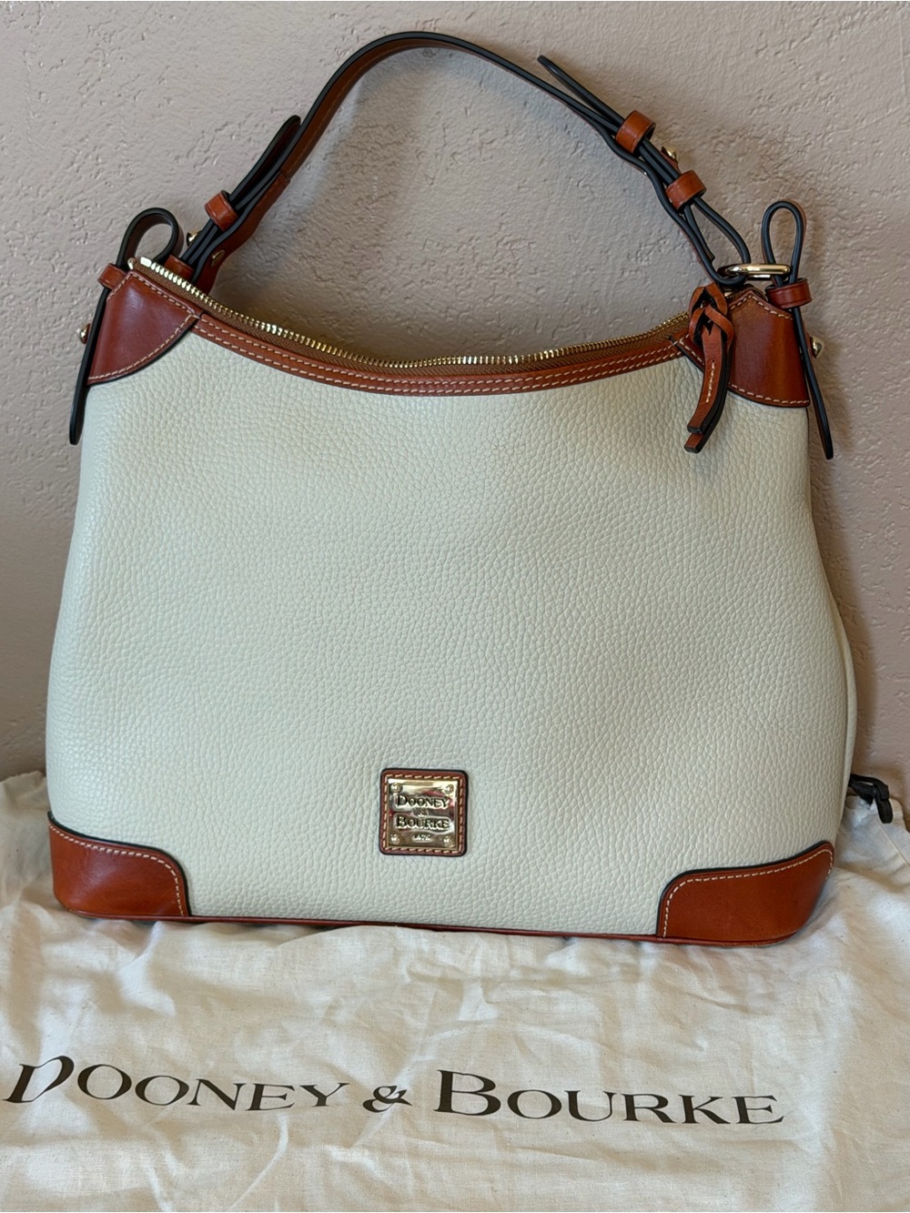 Dooney & Bourke Cream and Brown Pebble Leather Hobo Shoulder Bag